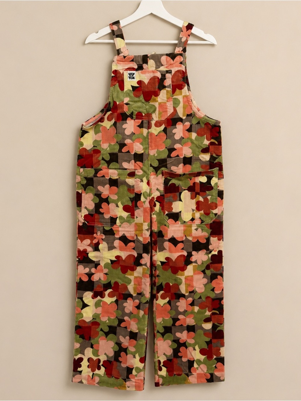 Lucy & Yak Floral Corduroy Overals/Dungaree in Green, Pink, Orange, and Red